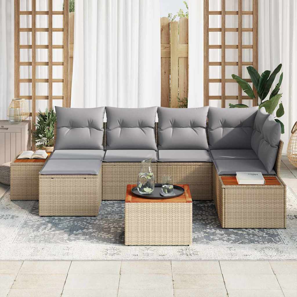 vidaXL 7-delige tuinset met kussens in beige poly rattan en acaciahout