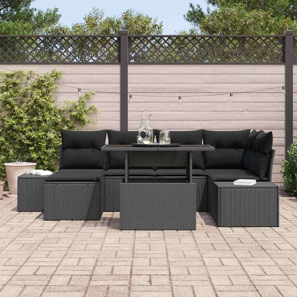 vidaXL 7-delige tuinsofa set met kussens in zwart poly rattan