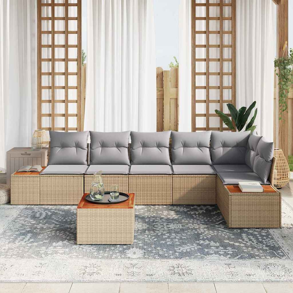 vidaXL 7-delige tuinsofaset met kussens in beige poly rattan en acacia