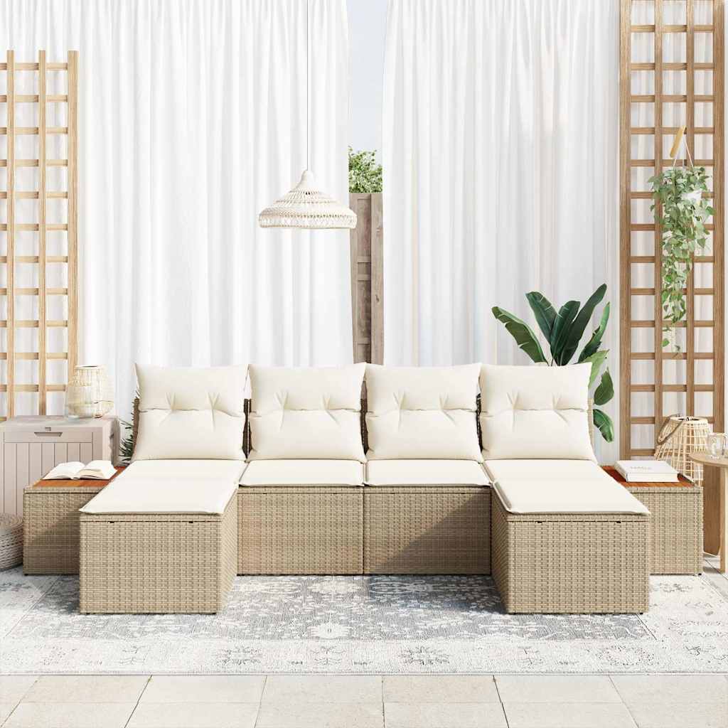 vidaXL 6-delige tuinset met kussens in beige van poly rattan en acacia
