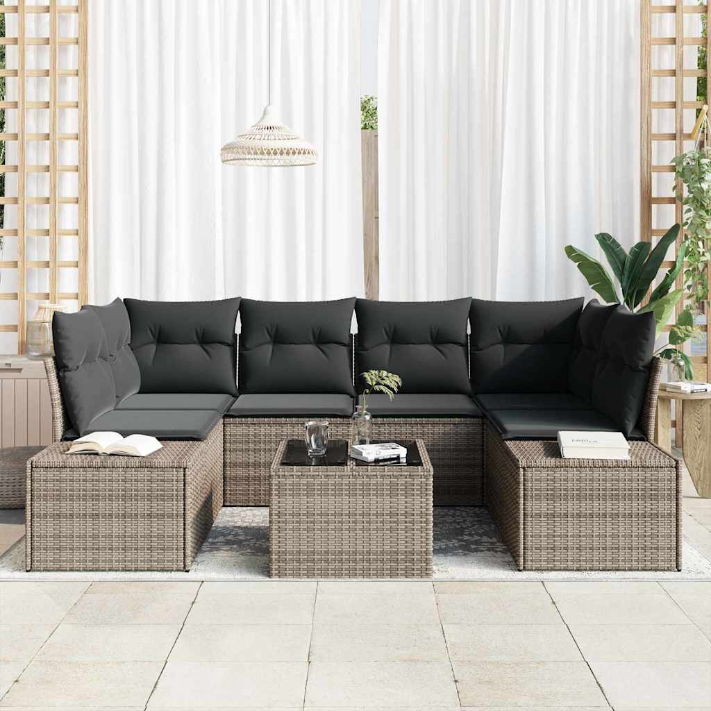 vidaXL 7-delige tuinsofaset met kussens in grijs poly rattan