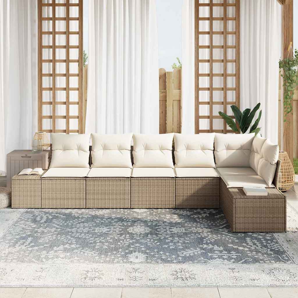 vidaXL 6-delige tuinbankset met kussens in beige poly rattan