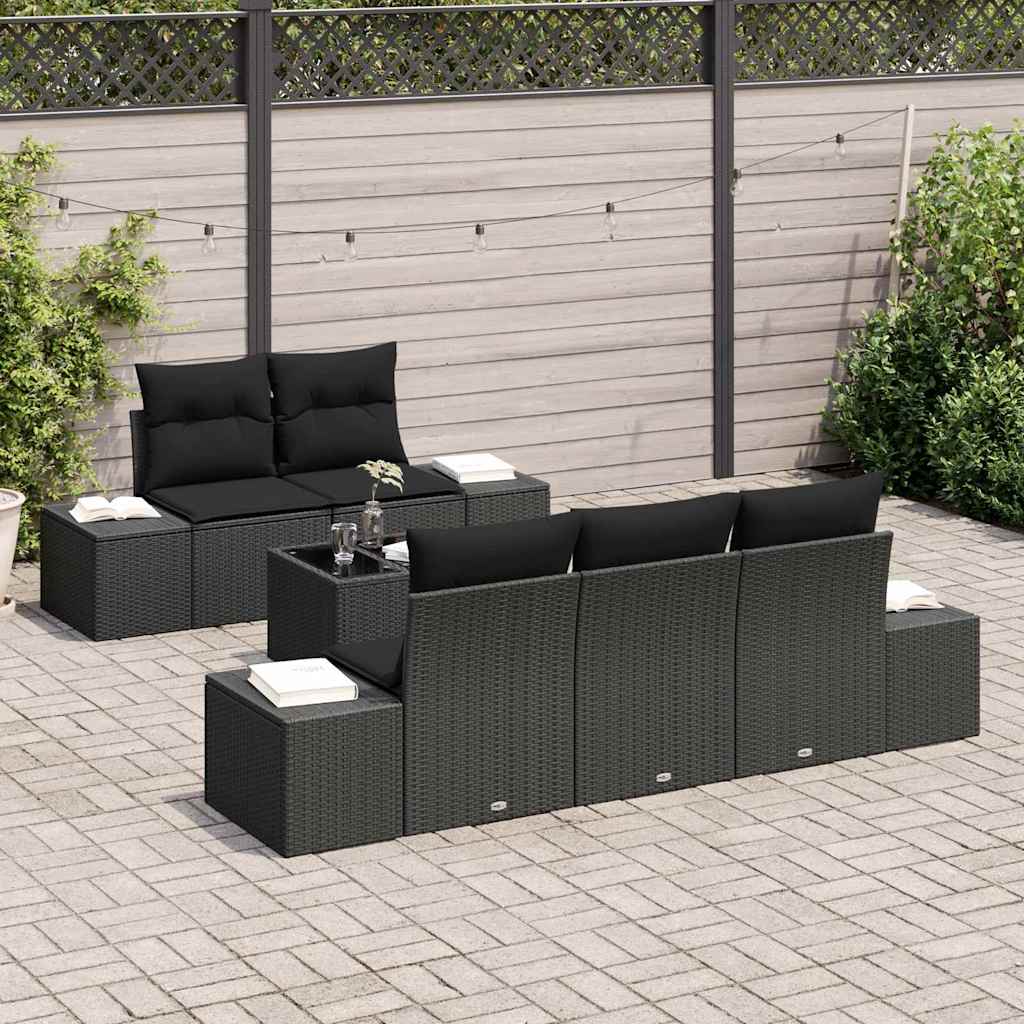 vidaXL 6-delige tuinbankset met kussens van zwart poly rattan