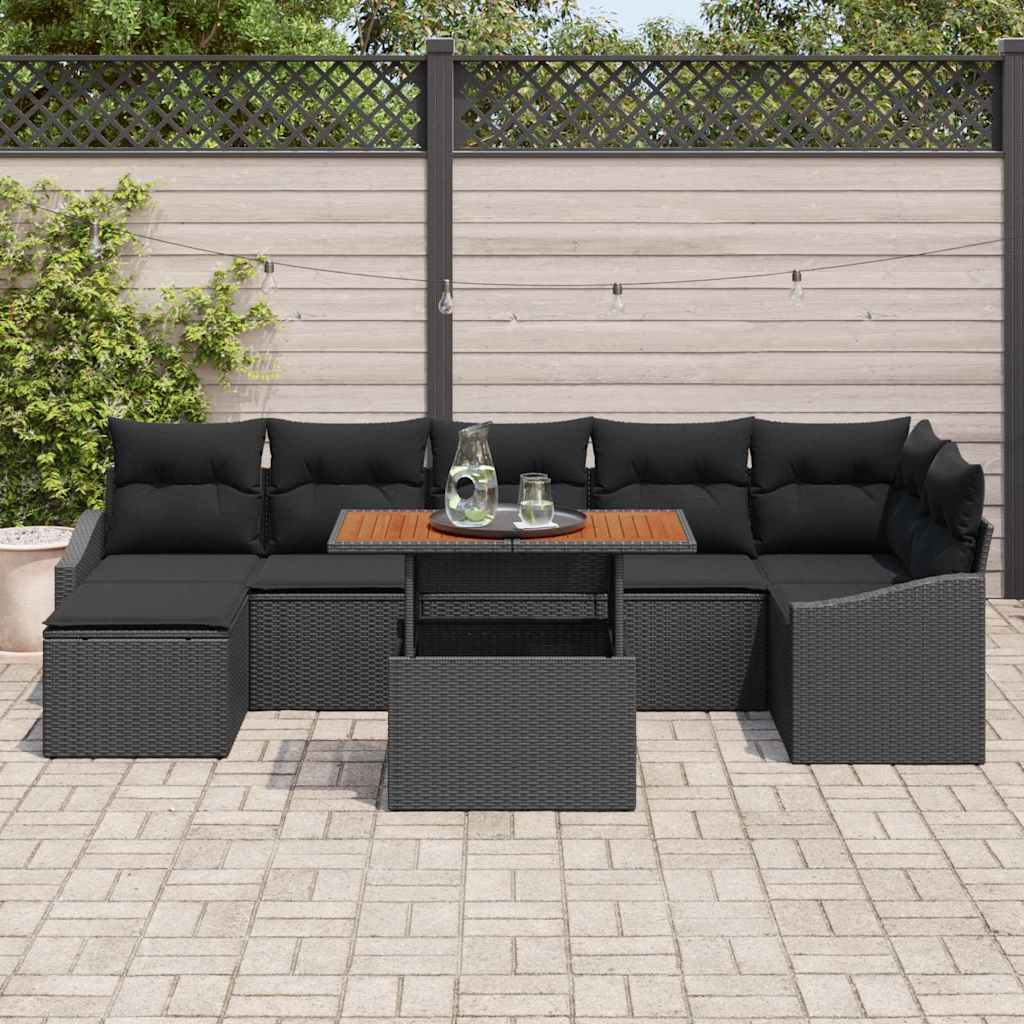 vidaXL 8-delige tuinset met kussens in zwart van poly riet en acacia