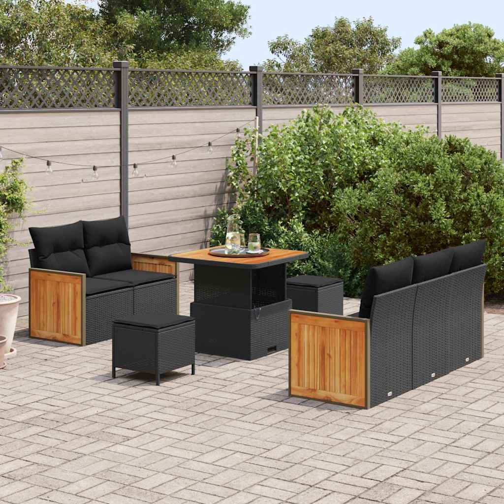 vidaXL 8-delige Tuinbankenset met kussens poly rattan acacia zwart