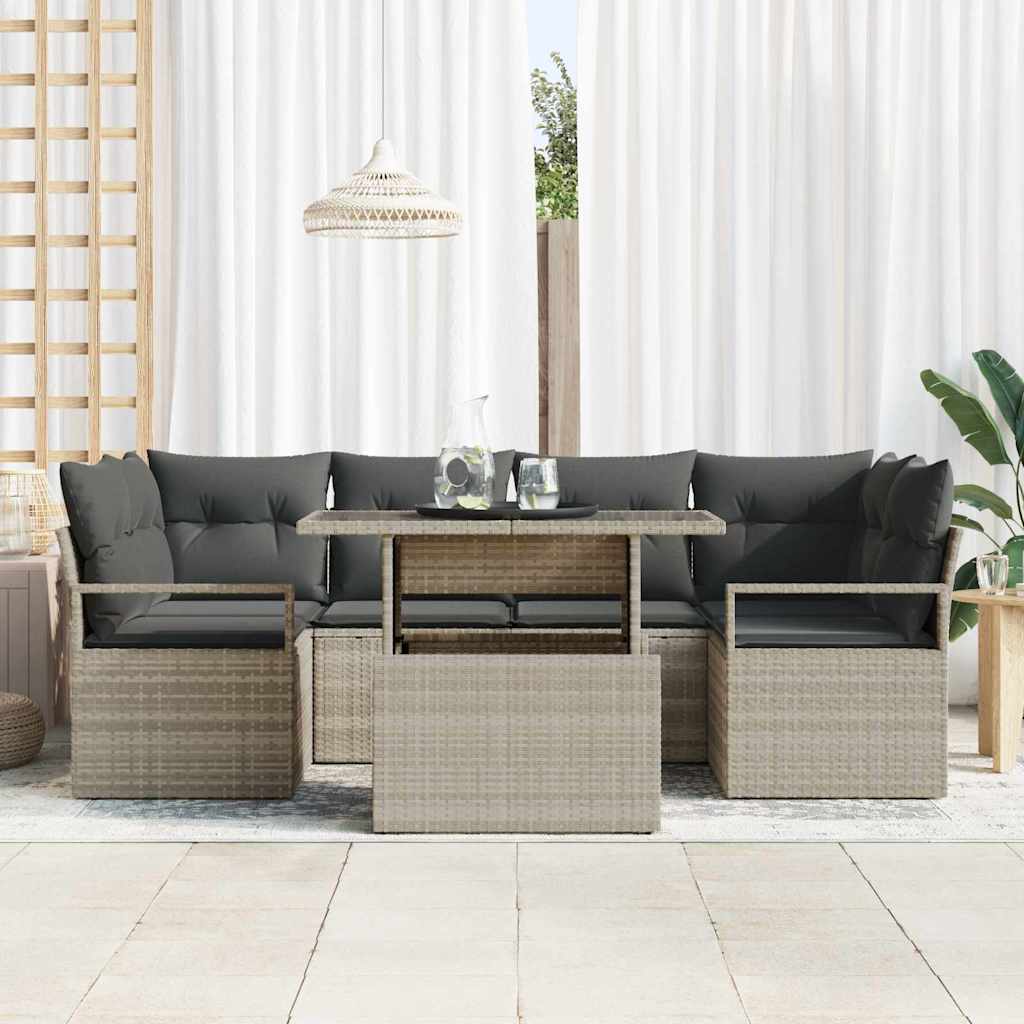 vidaXL 7-delig tuinbankstel met kussens in lichtgrijs poly rattan