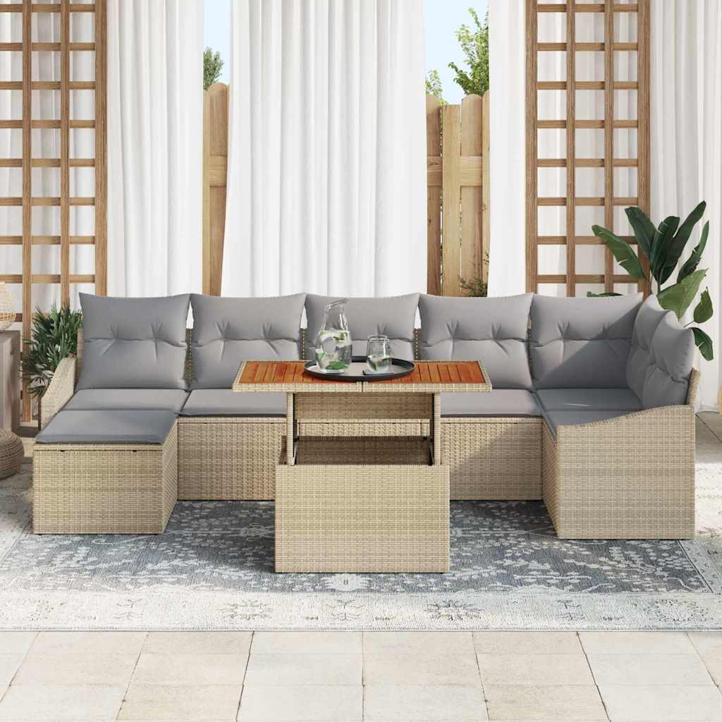 vidaXL 8-delige tuinset met kussens in beige van poly rattan en acacia