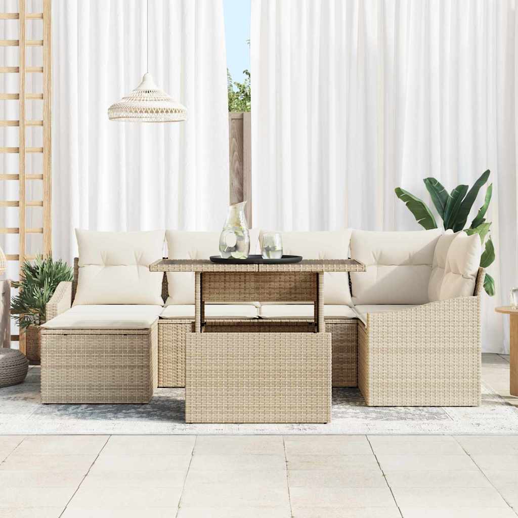 vidaXL 7-delige tuinset met kussens in beige poly rattan