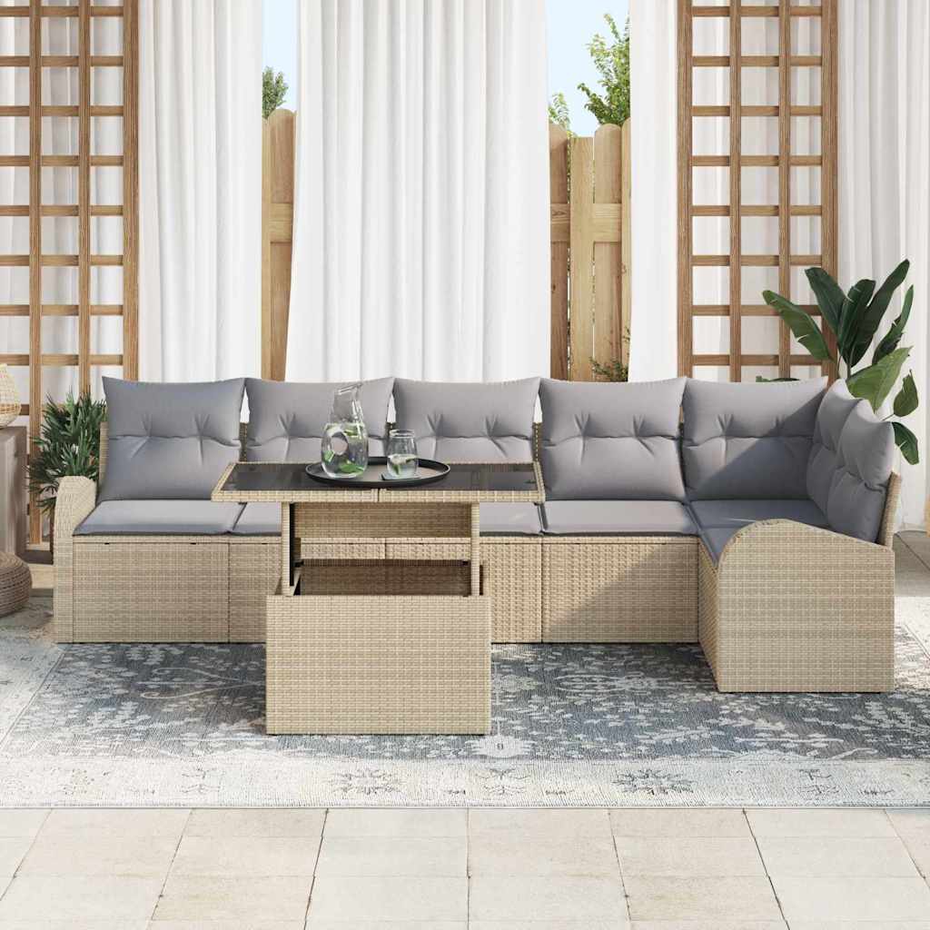 vidaXL 7-delige tuinset met kussens in beige poly rattan