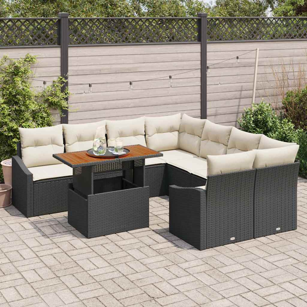 vidaXL 9-delige tuinset met kussens van zwart poly rattan en acacia