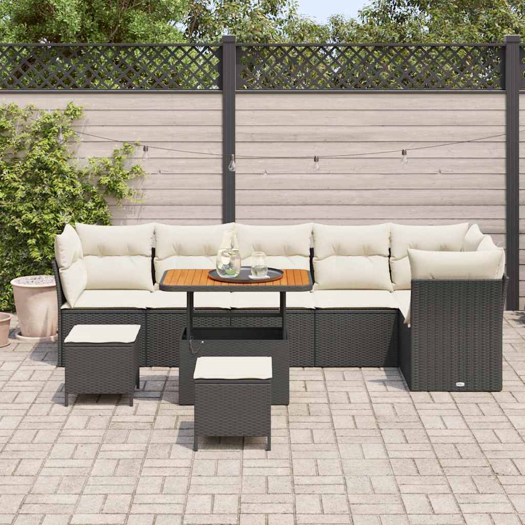 vidaXL 9-delige Tuinbankenset met kussens poly rattan zwart