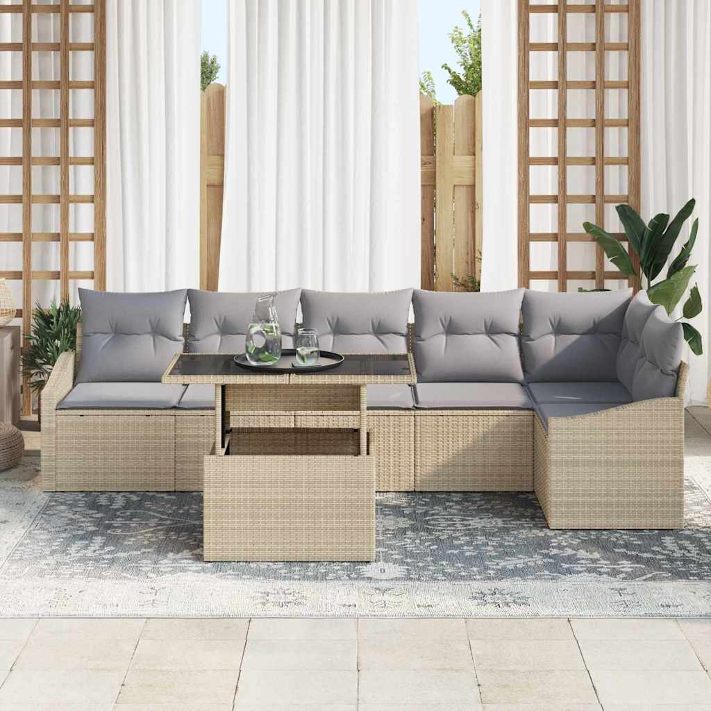 vidaXL 7-delige Tuinbankenset met kussens poly rattan beige