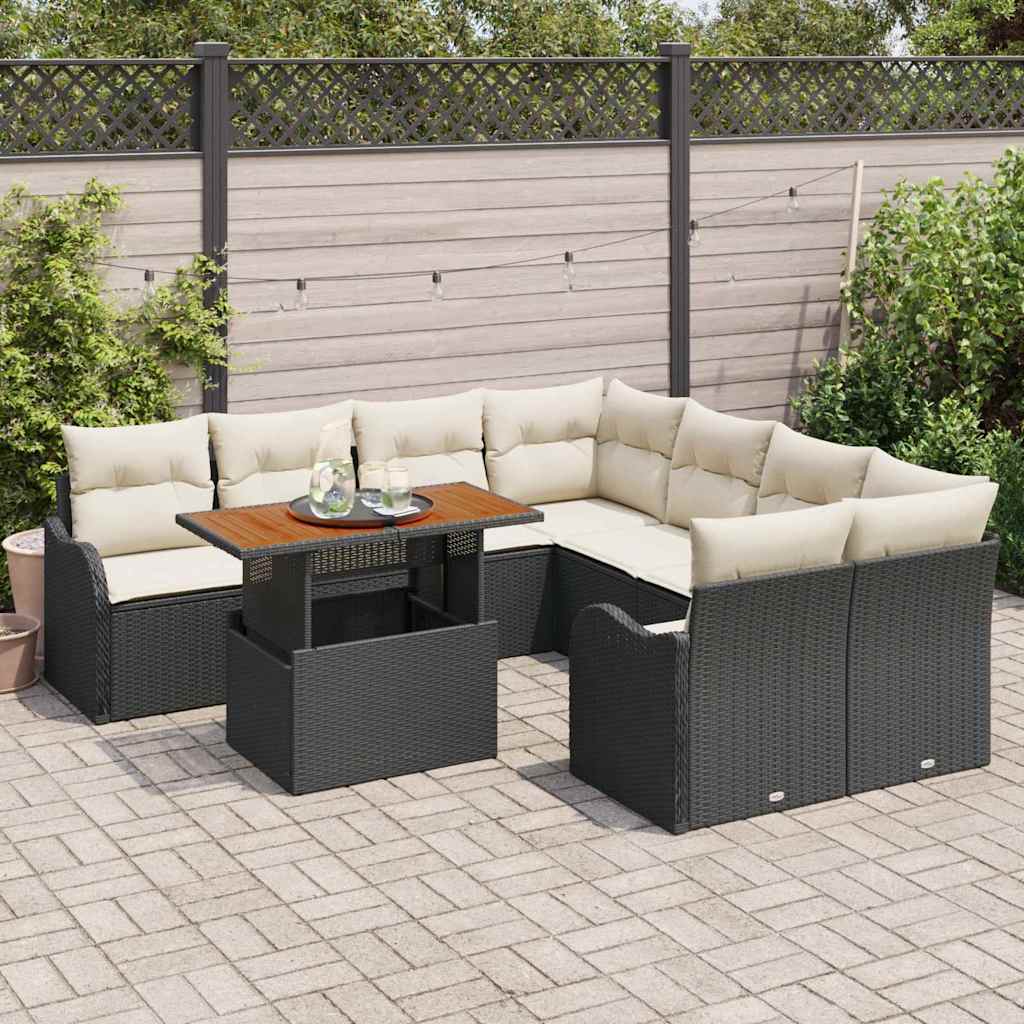 vidaXL 9-delige tuinset met kussens in zwart van poly rattan en acacia