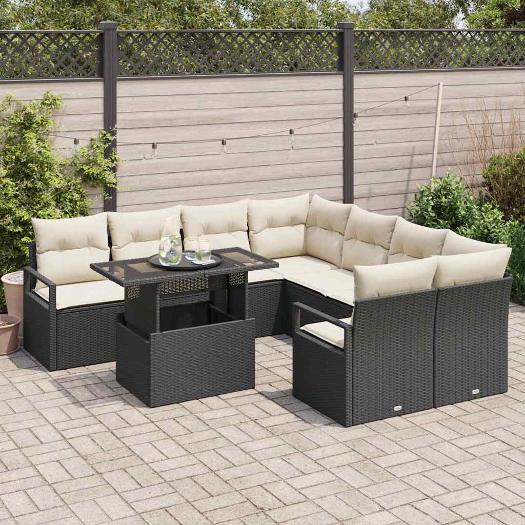 vidaXL 9-delige tuinzitgroep met kussens in zwart poly rattan