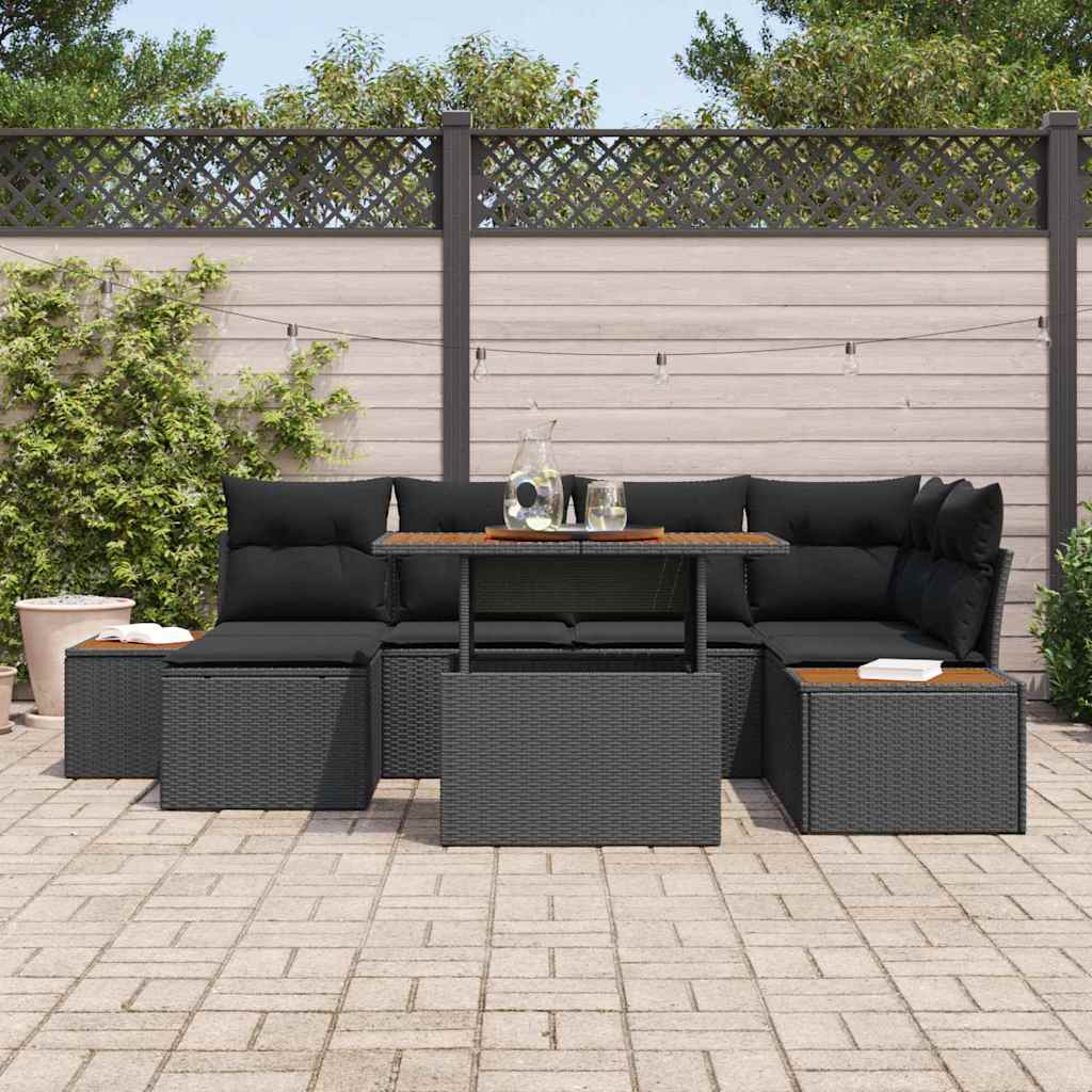 vidaXL 7-delige tuinset met kussens in zwart poly rattan en acacia.