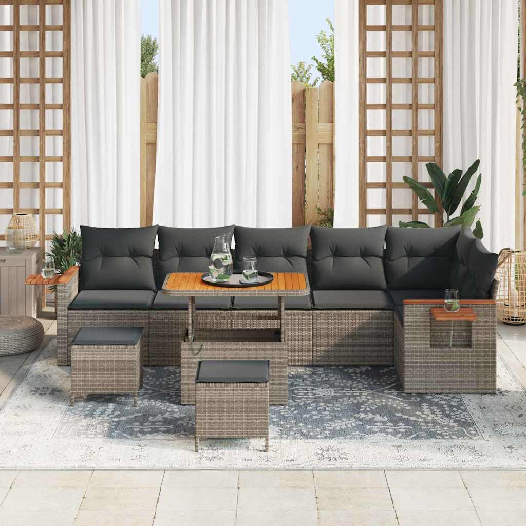 vidaXL 9-delige Tuinbankenset met kussens poly rattan acacia grijs