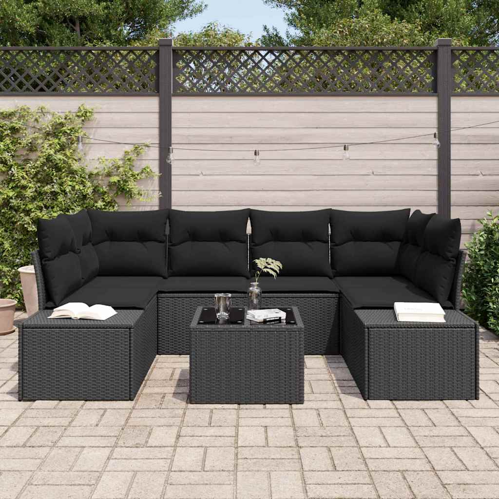 vidaXL 7-delige ligbed set met kussens Zwart Poly Rattan