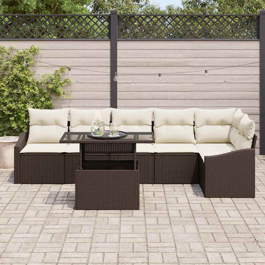 vidaXL 7-delige Tuinbankenset met kussens poly rattan bruin