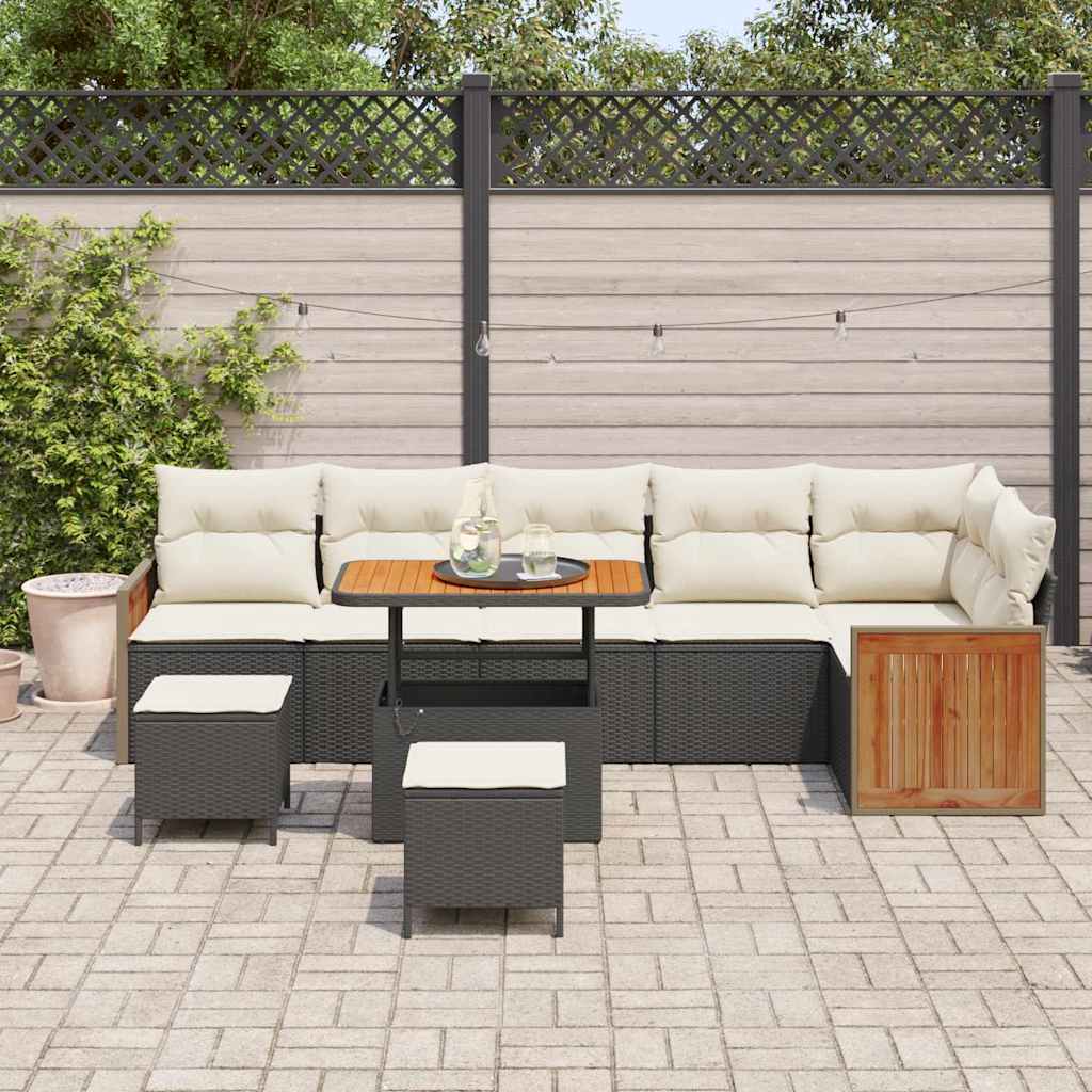 vidaXL 9-delige Tuinbankenset met kussens poly rattan acacia zwart