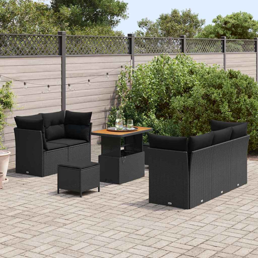 vidaXL 8-delige tuinset met kussens - zwart poly rattan en acacia