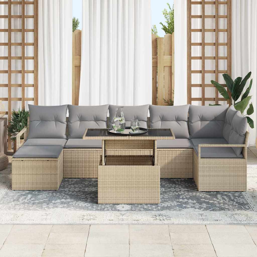 vidaXL 8-delig tuinbankstel met kussens, beige poly rattan