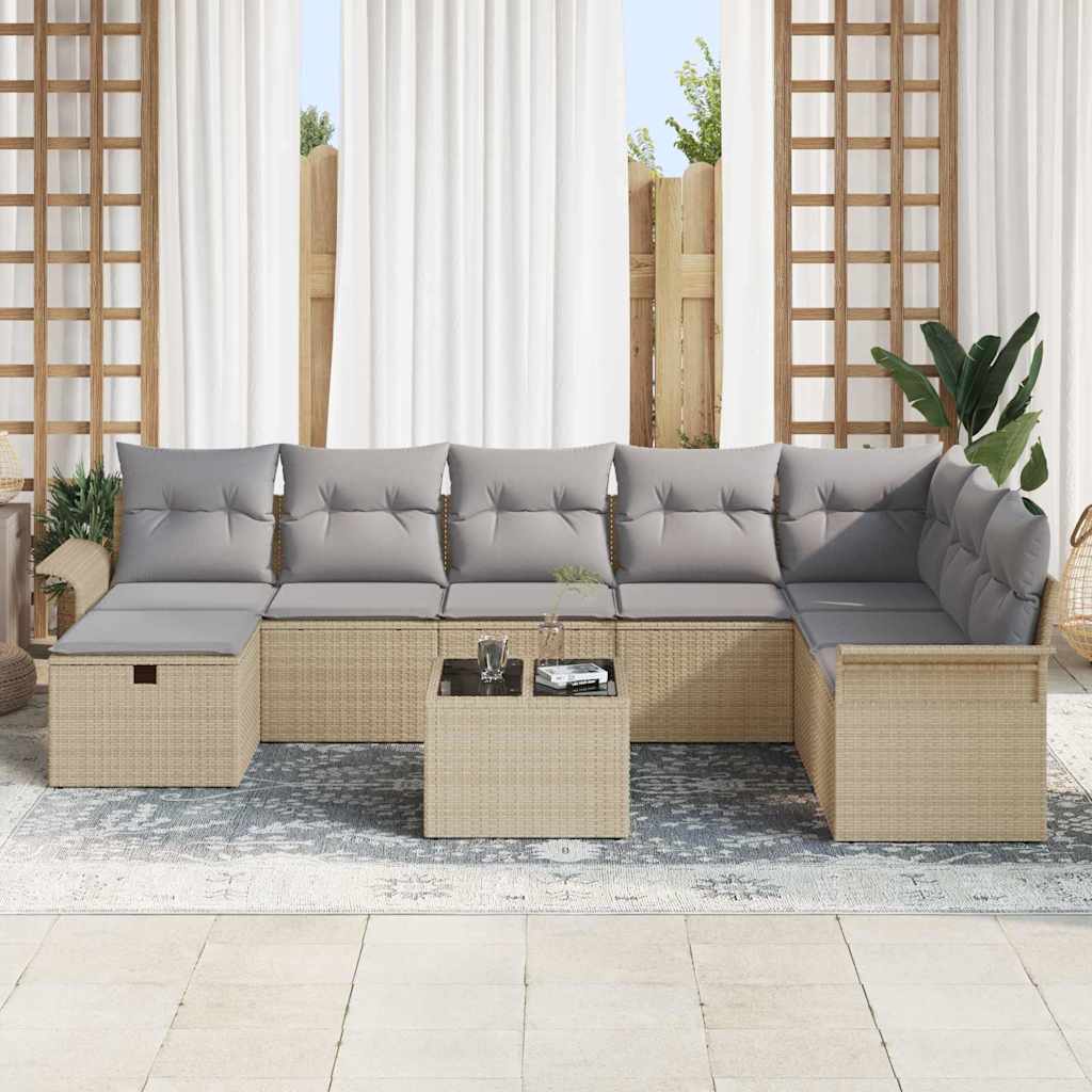 vidaXL 9-delige tuinbankset met kussens in beige poly rattan