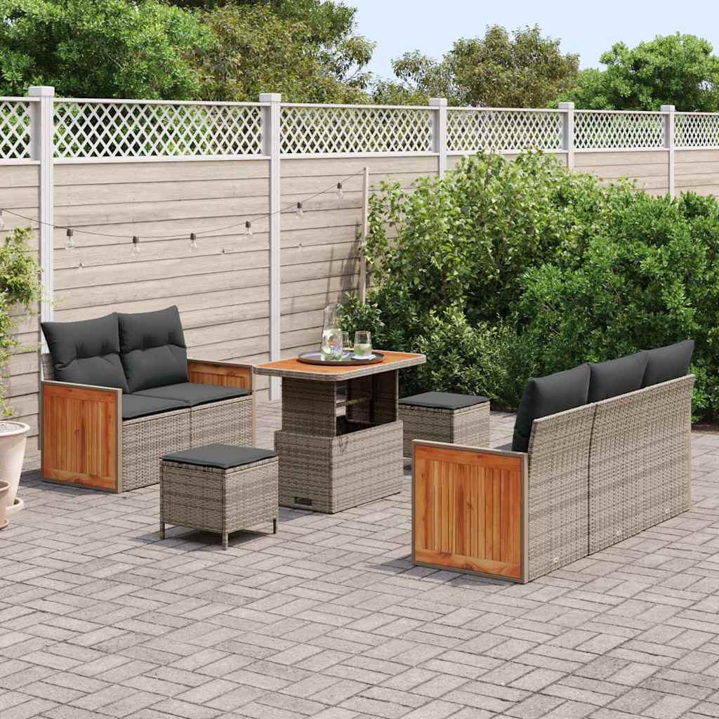 vidaXL 8-delige Tuinbankenset met kussens poly rattan acacia grijs