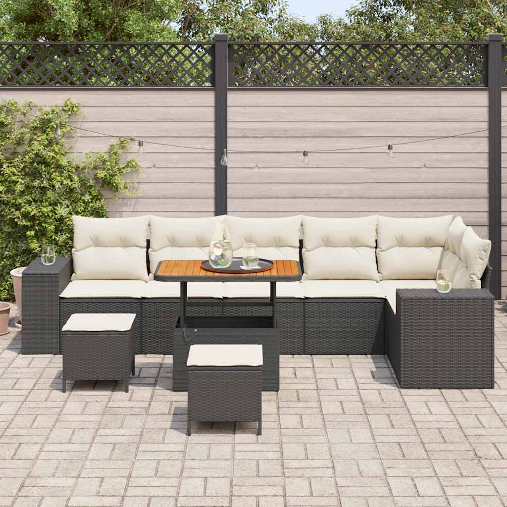 vidaXL 9-delige Tuinbankenset met kussens poly rattan acacia zwart