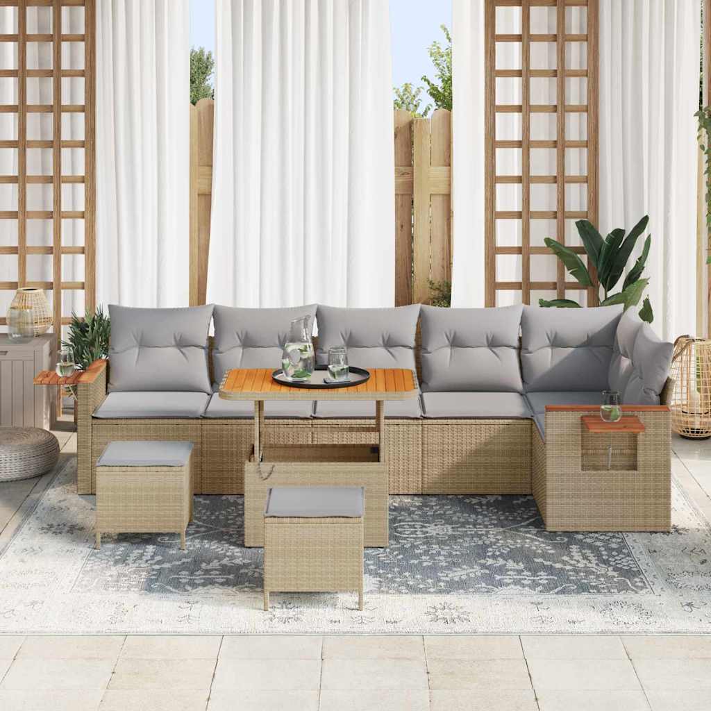 vidaXL 9-delige Tuinbankenset met kussens poly rattan acacia beige