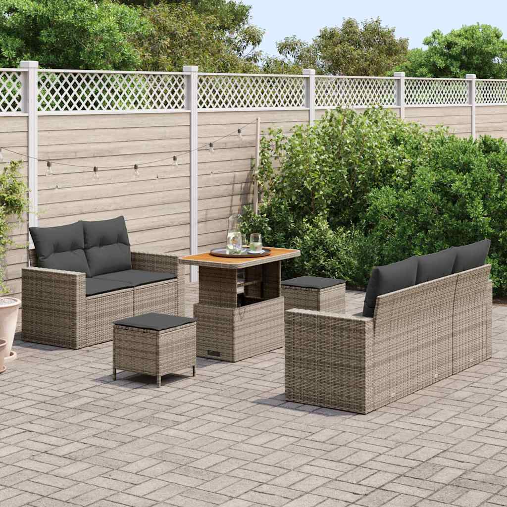 vidaXL 8-delige tuinset met kussens in grijs poly rattan en acacia