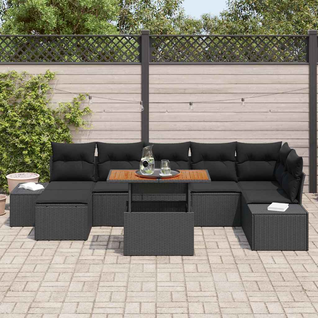 vidaXL 8-delige tuinset met kussens in zwart poly rattan en acacia