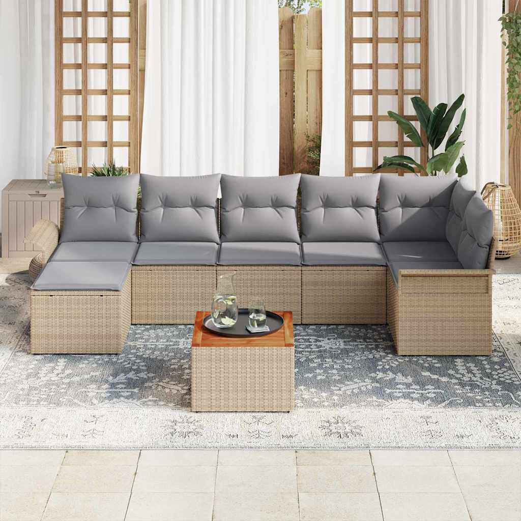 vidaXL 8-delige tuinset met kussens in beige poly riet en acacia