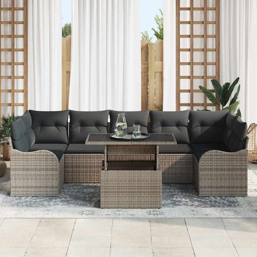 vidaXL 8-delige tuinbank set met kussens grijs poly rattan