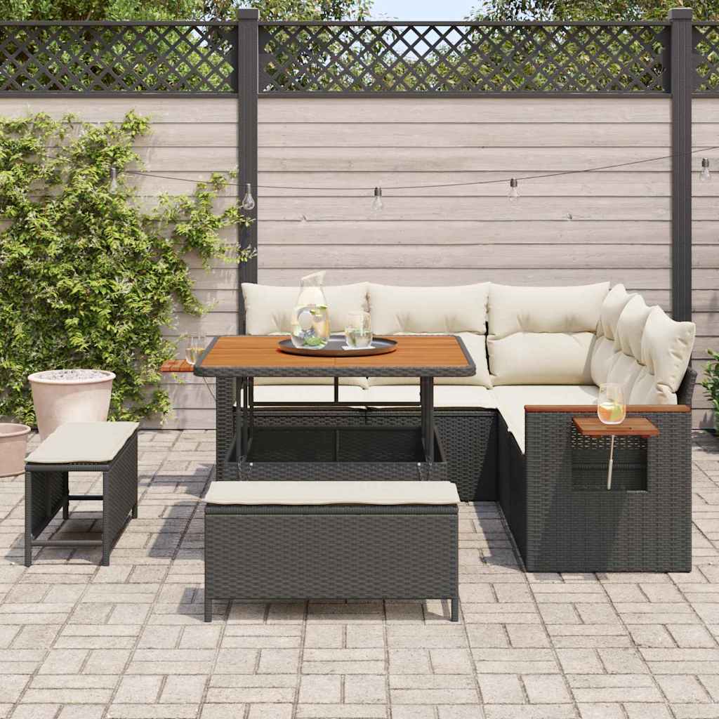 vidaXL 8-delige tuinsofa set met kussens in zwart poly rattan en acacia