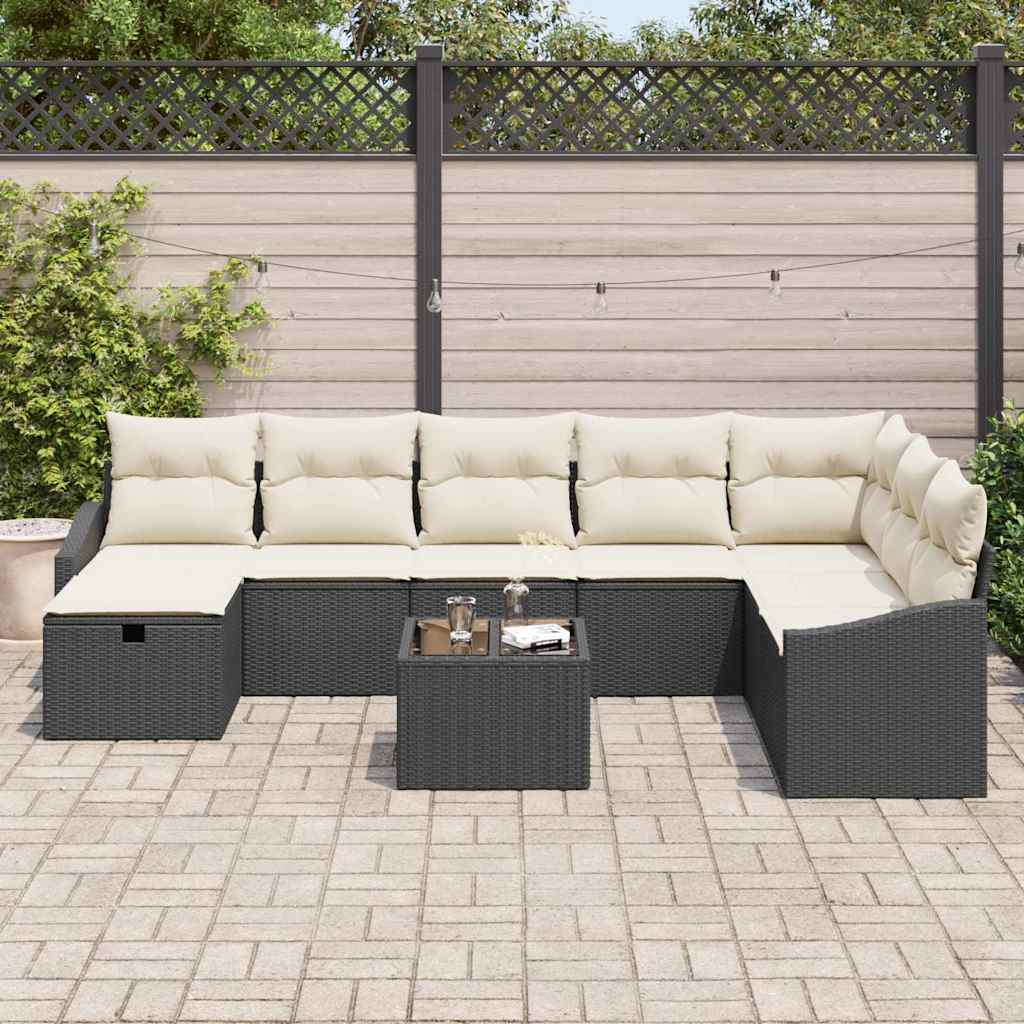 vidaXL 9-delige Tuinbankenset met kussens poly rattan zwart