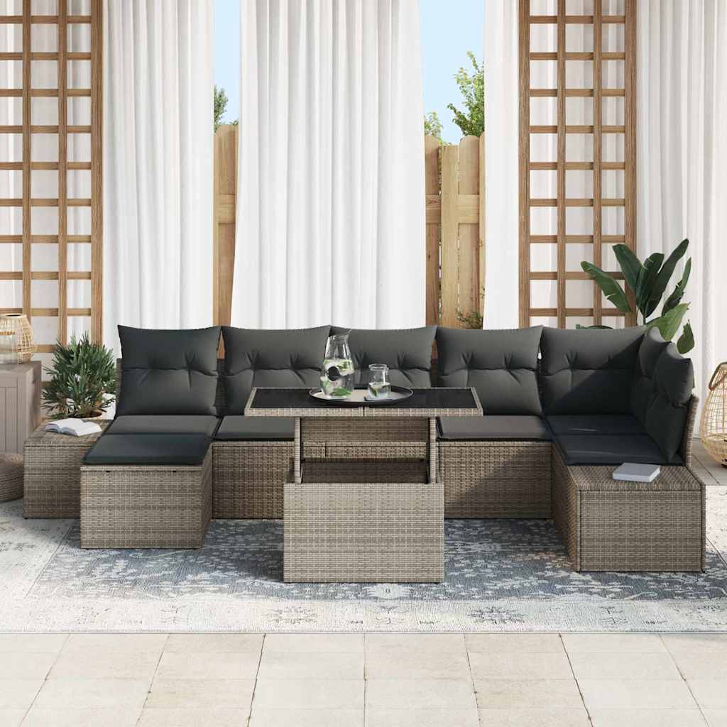vidaXL 8-delige tuinset met kussens in grijs poly rattan