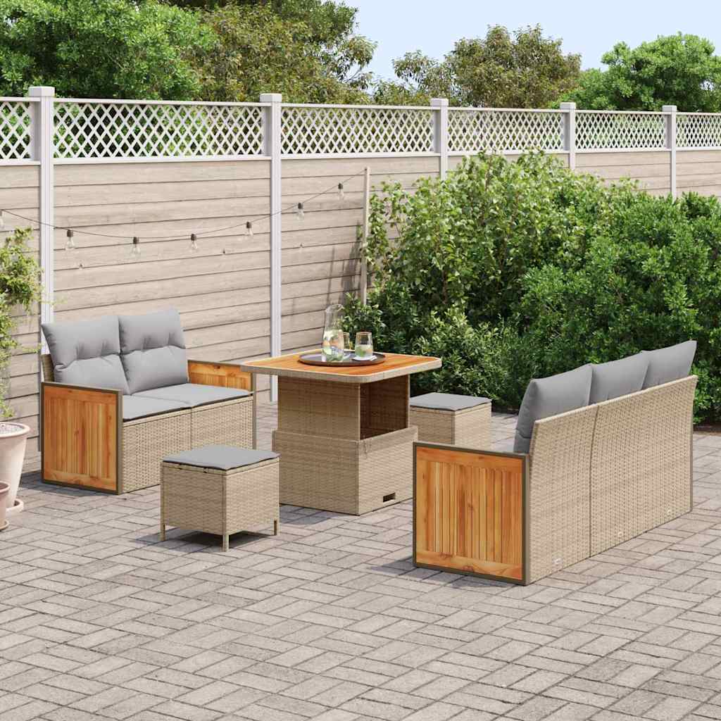 vidaXL 8-delige Tuinbankenset met kussens poly rattan acacia beige