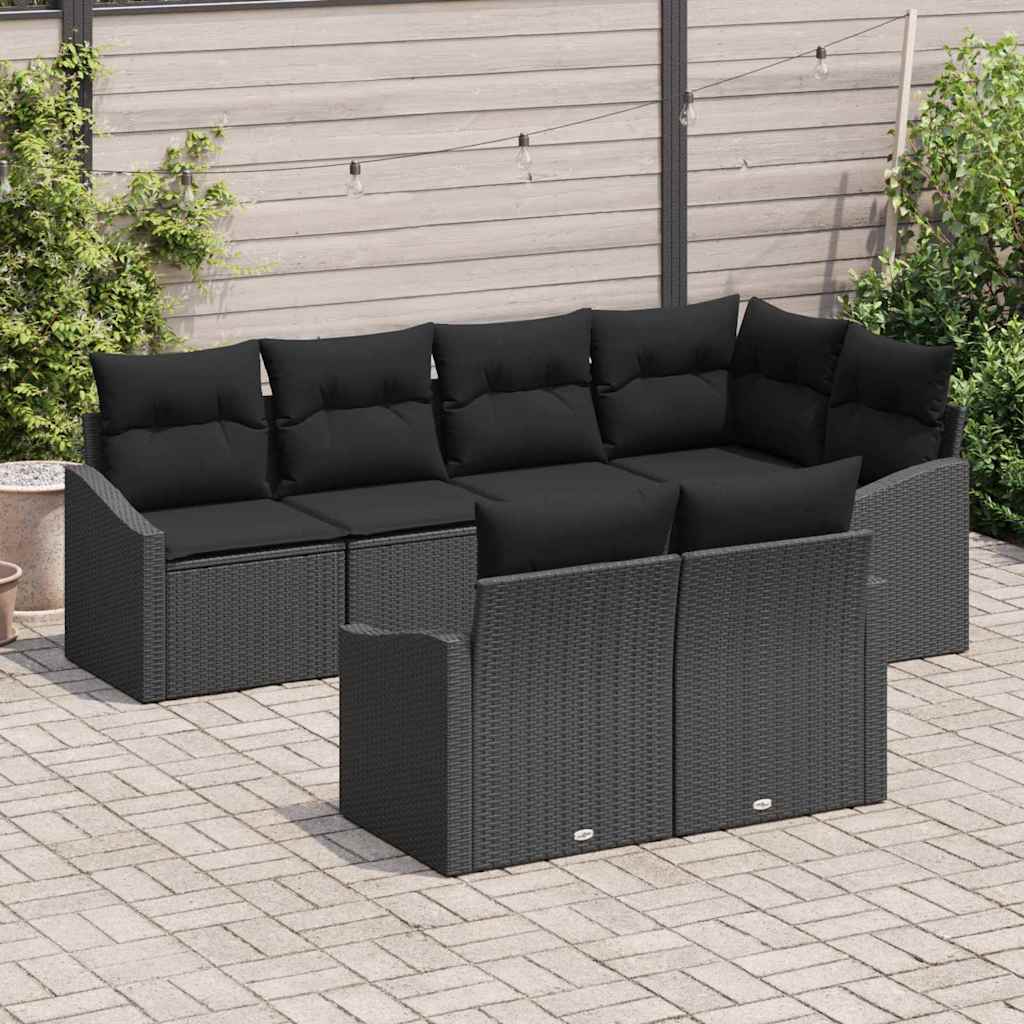 vidaXL 7-delige eetset voor in de tuin met kussens, zwart poly rattan