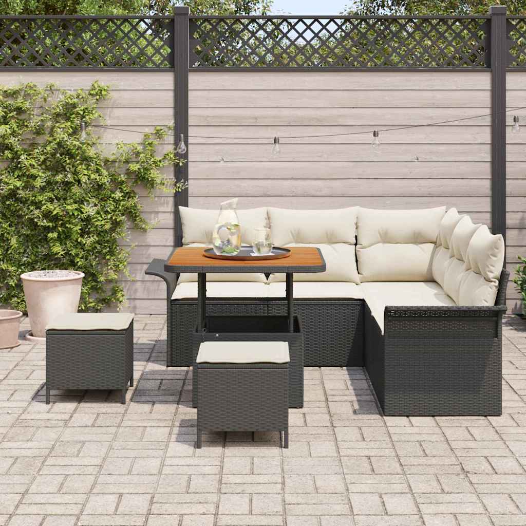 vidaXL 8-delige tuinset met kussens zwart poly riet acacia