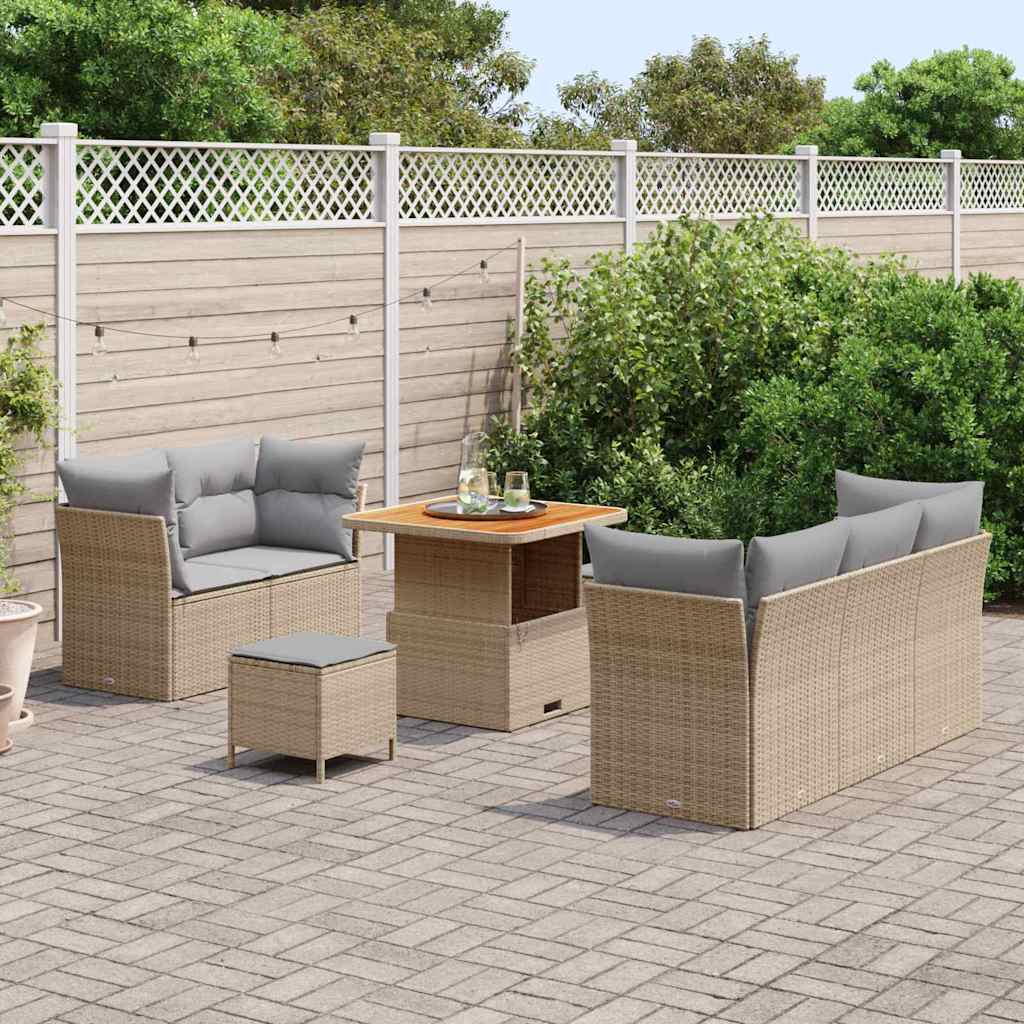 vidaXL 8-delige tuinset met kussens in beige van poly rattan en acacia