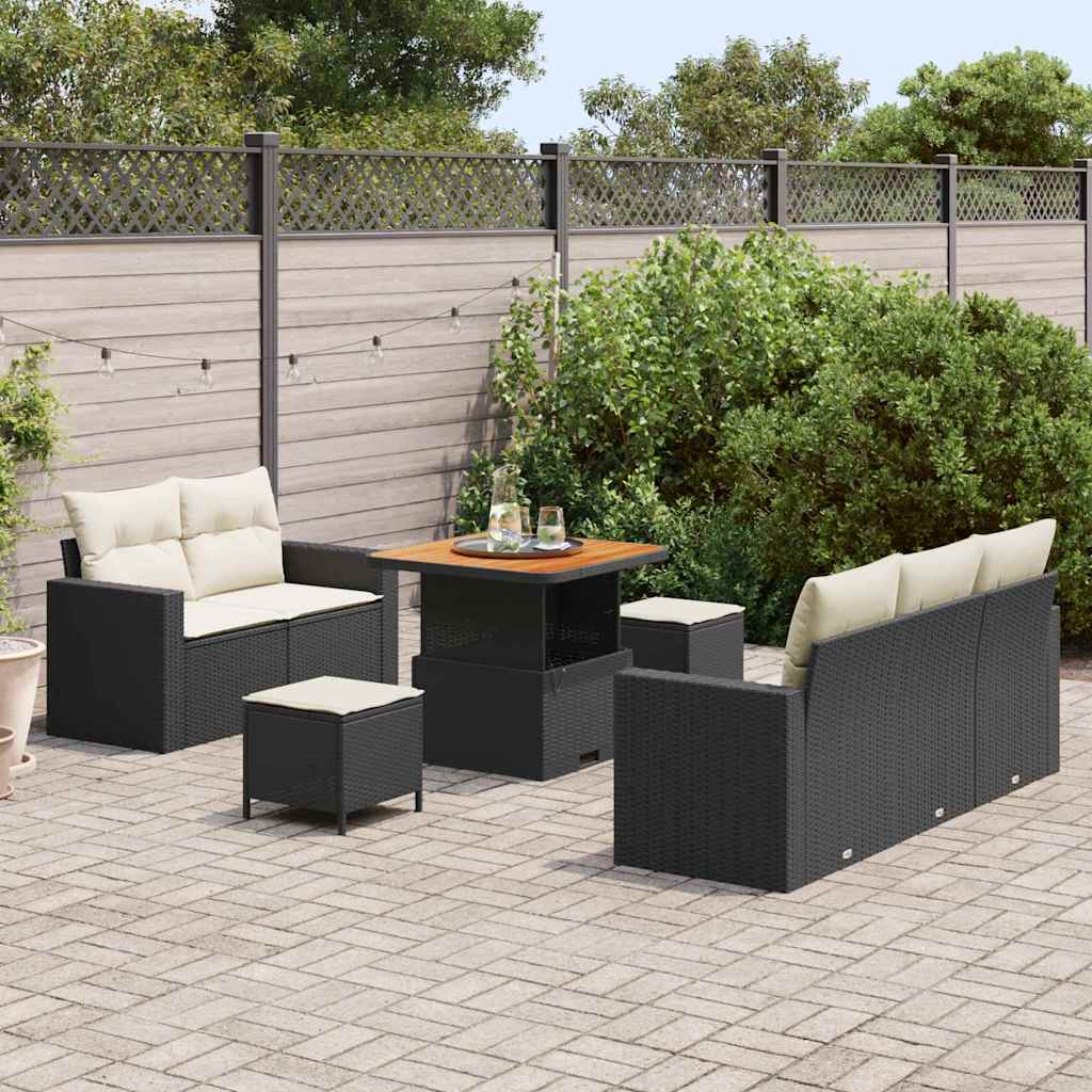 vidaXL 8-delige tuinset met kussens zwart poly riet acaciahout