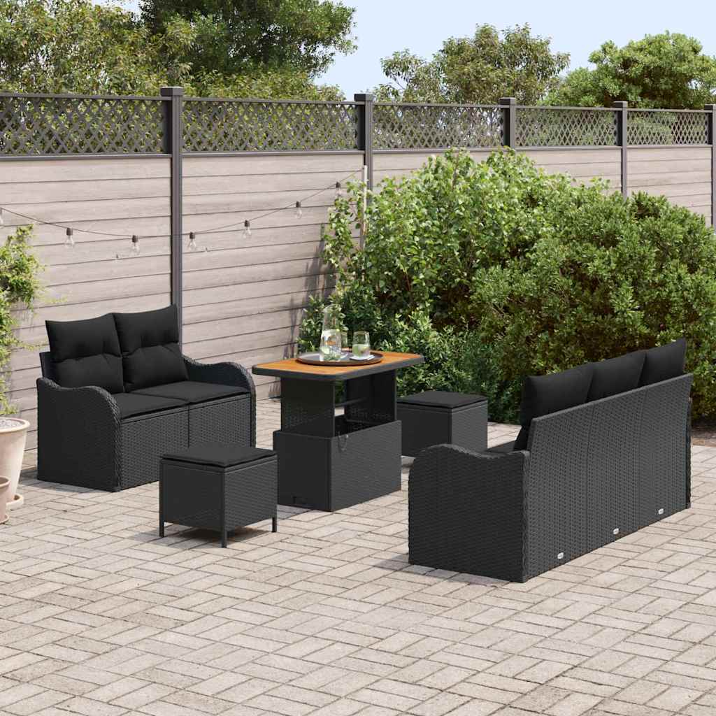 vidaXL 8-delige tuinsofa set met kussens Zwart Poly Rattan Acacia