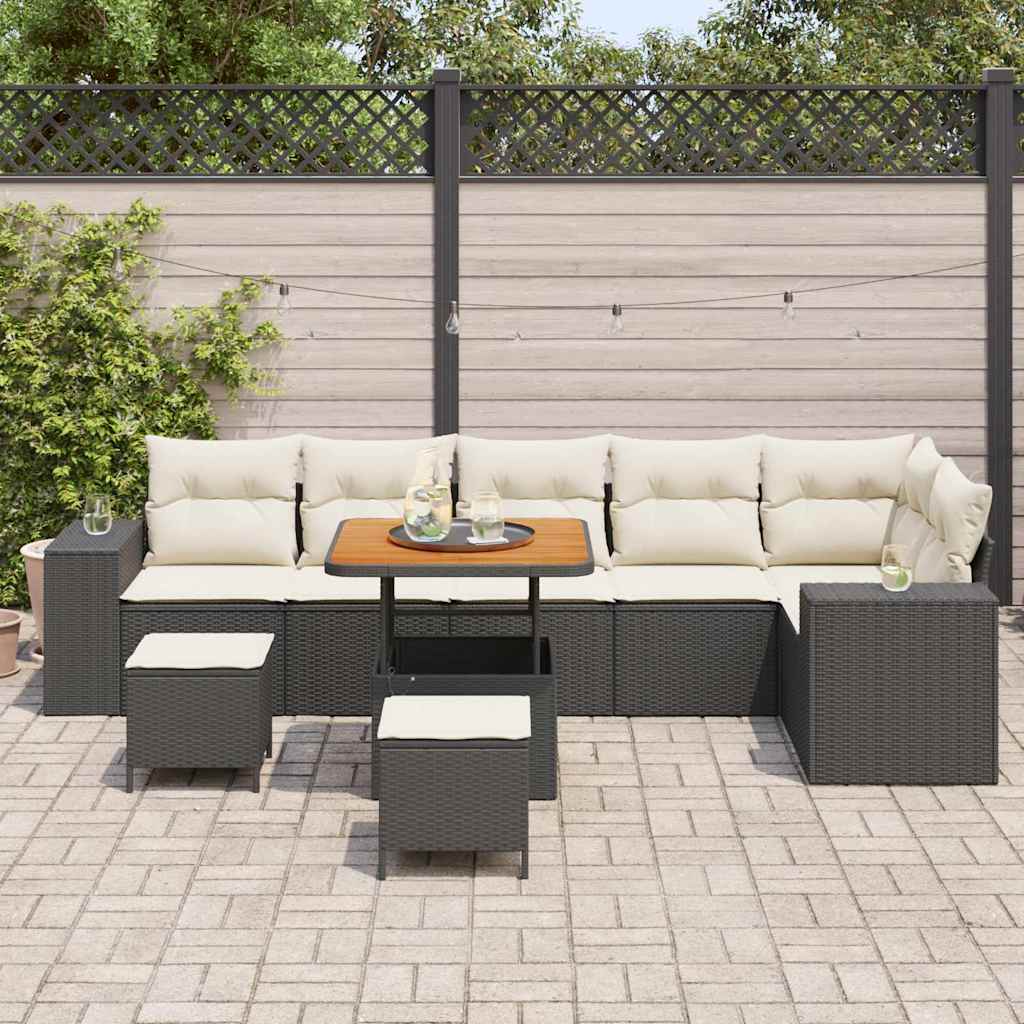 vidaXL 9-delige Tuinbankenset met kussens poly rattan acacia zwart