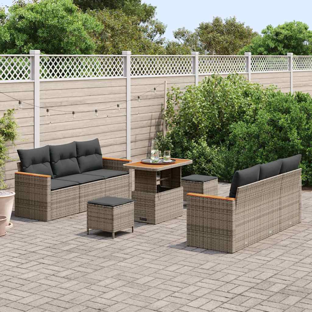 vidaXL 9-delige Tuinbankenset met kussens poly rattan acacia grijs