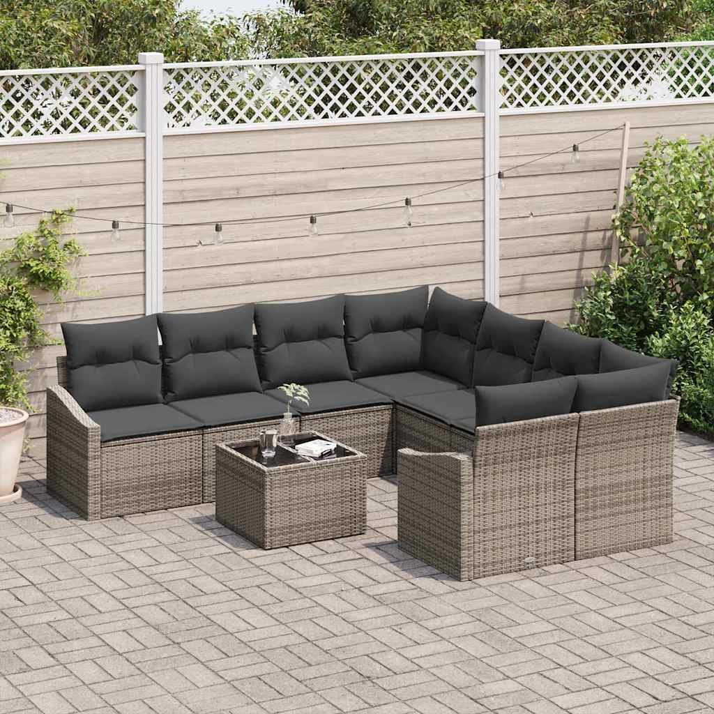 vidaXL 9-delige Tuin Eetset met Kussens Grijs Poly Rattan
