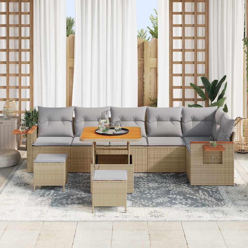 vidaXL 9-delige Tuinbankenset met kussens poly rattan acacia beige