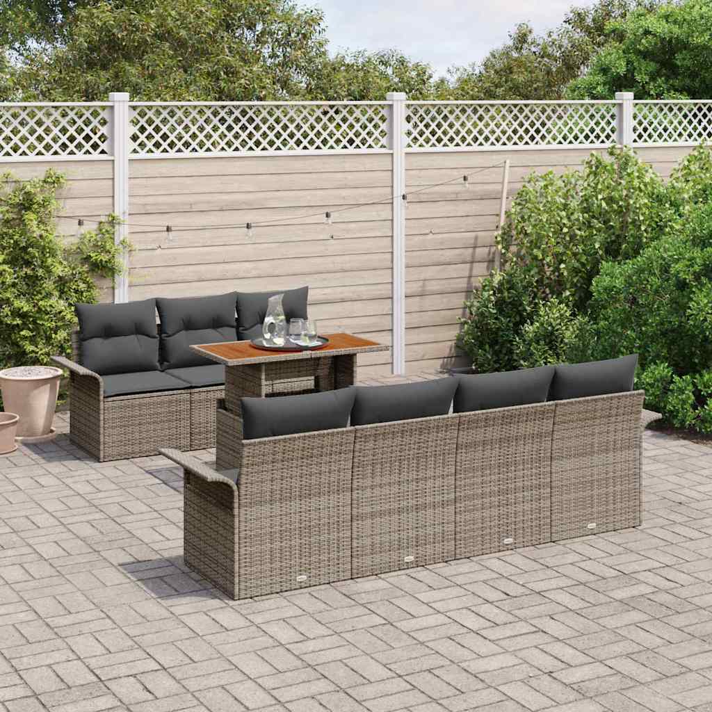 vidaXL 8-delige tuinset met kussens in grijs poly rattan en acacia