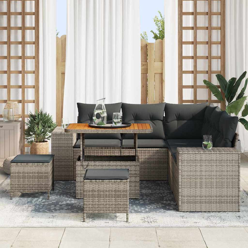 vidaXL 8-delige Tuinbankenset met kussens poly rattan acacia grijs