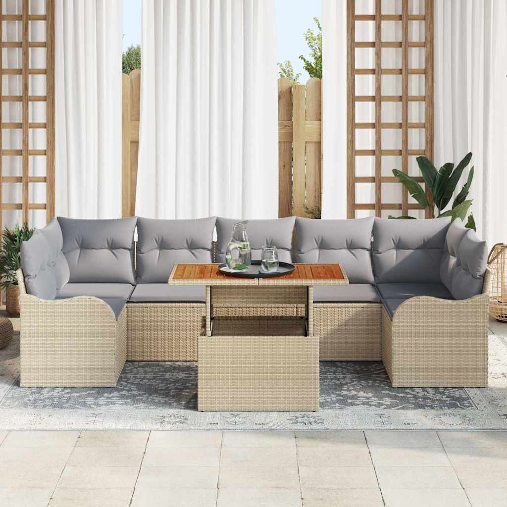 vidaXL 8-delige tuinbankset met kussens in beige poly rattan en acacia.