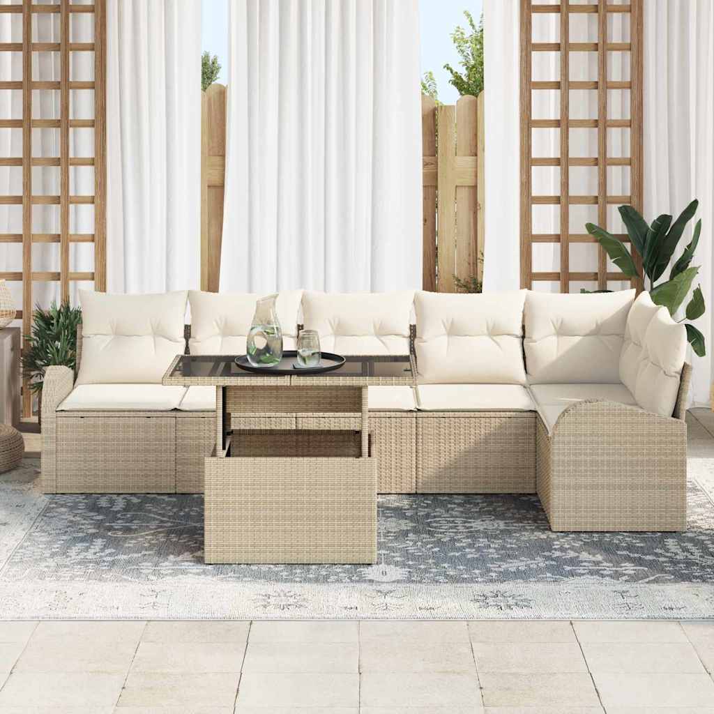 vidaXL 7-delige tuinset met kussens in beige poly rattan